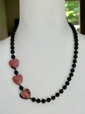 Vintage Hand Knotted Rhodonite & Onyx Heart Statement Necklace Shou Clasp